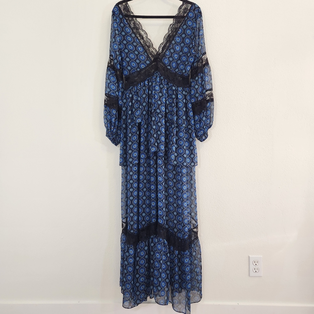 Misa Maxi Renaissance Dress Womens Small Blue with Black Lace Tiered